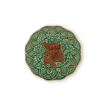 Plato de pan o postre de cerámica verde con uvas y un Jabalí cafe, marca Bordallo Pinheiro