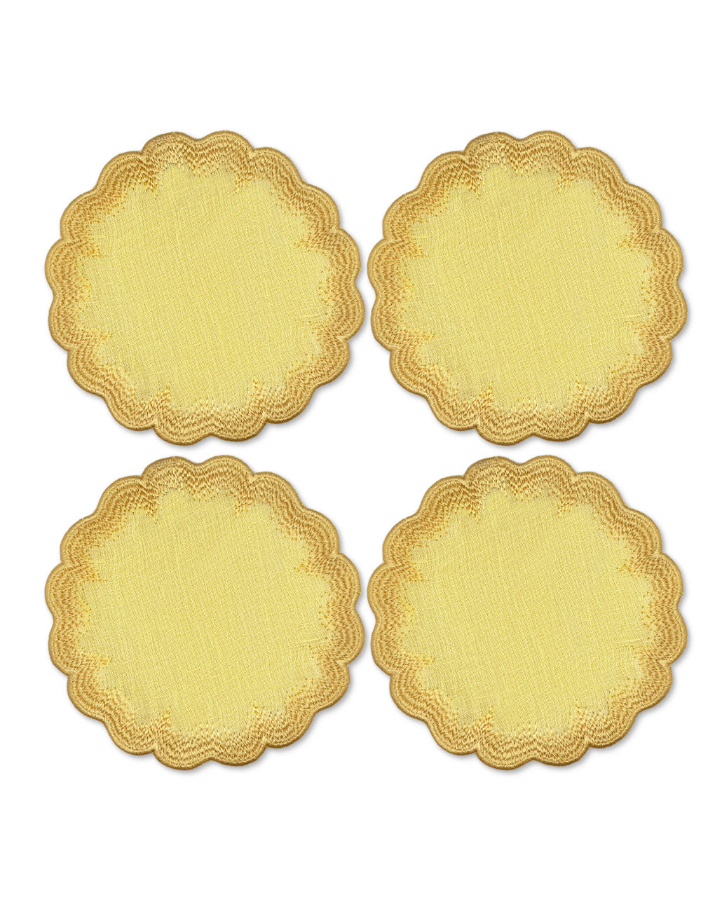 Coasters de lino amarillo con bordado de pelitos en las orillas, marca Zash