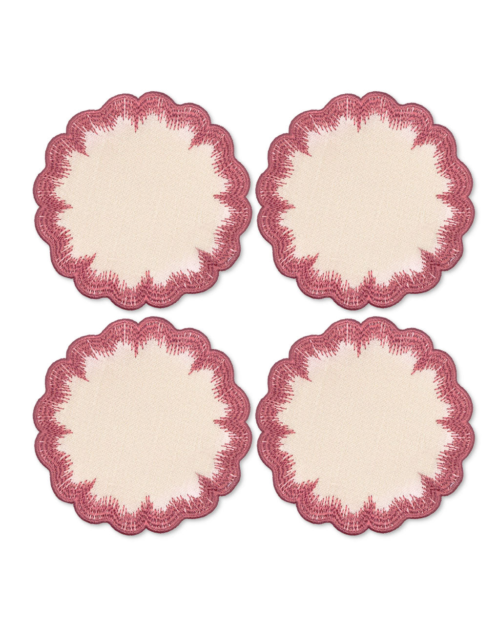 Coasters Vivi en lino rosa con bordado de pelitos en las orillas, marca Zash
