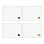 Servilletas cocteleras rectangulares de lino blanco con figuras otoñales bordadas, marca Zash