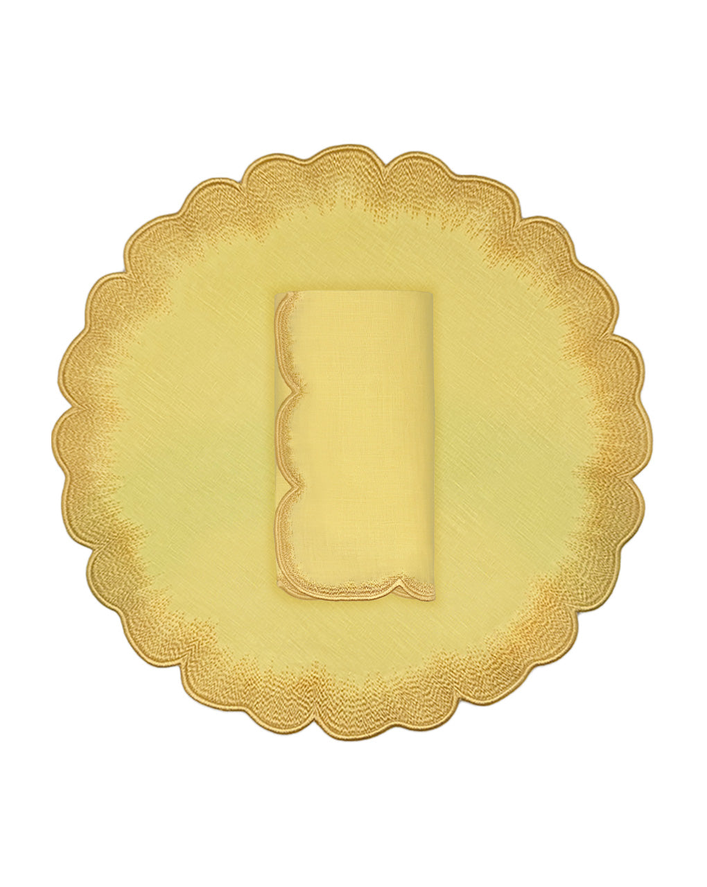 Set de mantelería con individual y servilleta en lino amarillo con orilla bordada, marca Zash