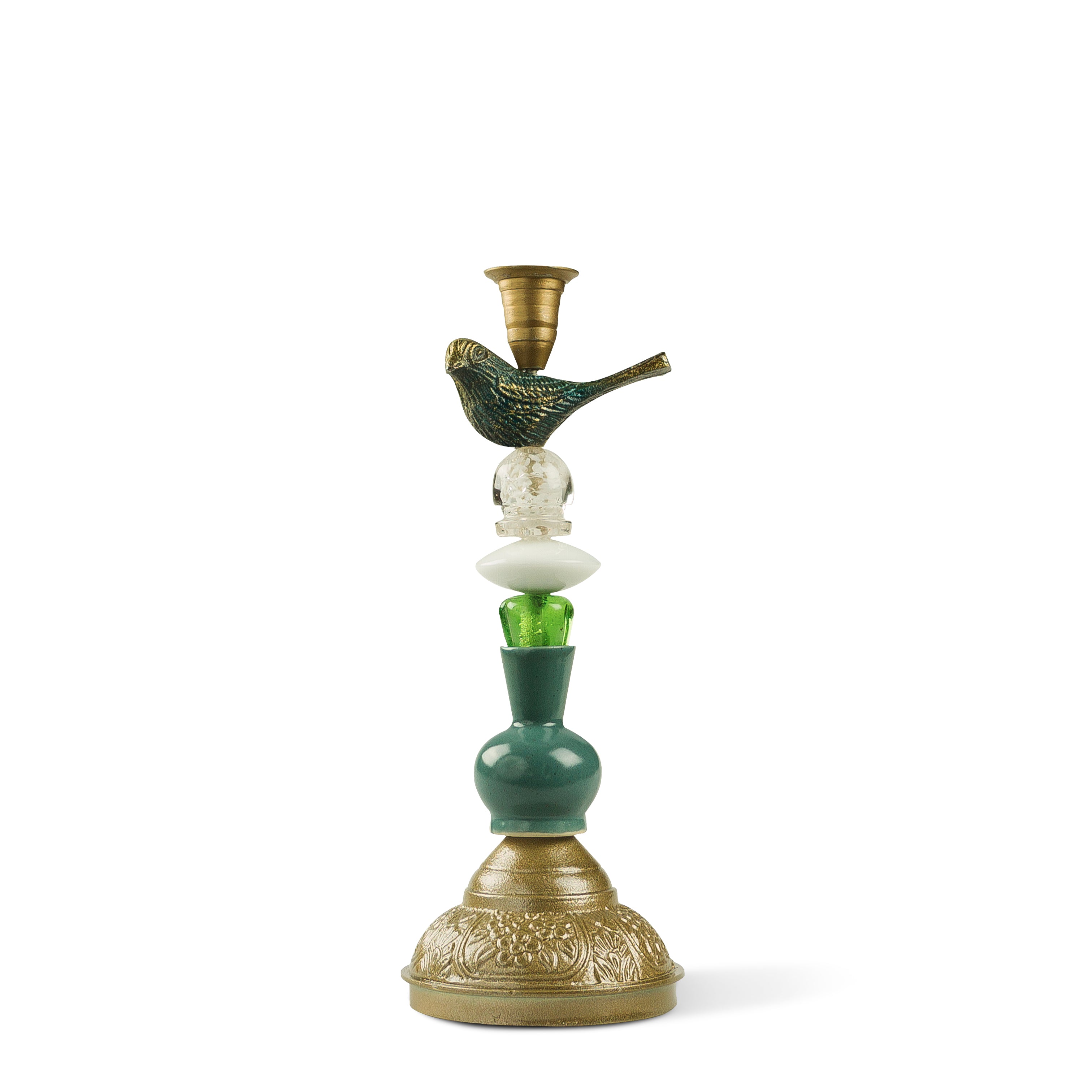 Candelabro Italiano de Pájaro verde de Latón, Vidrio y Cerámica Green Vibes