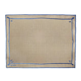 Mantel individual Cowgirl rectangular en lino caramel con motivos vaqueros bordados en azul, diseñados por Dancassab para Zash