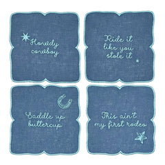 Cocteleras con Frases Vaqueras en Lino Azul con Bordado Turquesa. Set de 4 Cocteleras con Frases Vaqueras en Lino Azul con Bordado Turquesa. Set de 4