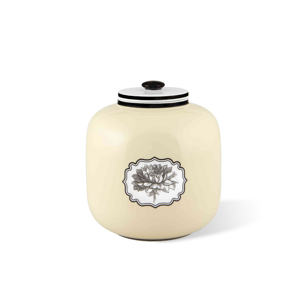Caja o jarrón con tapa de porcelana color amarillo claro de Christian Lacroix Maison para Vista Alegre, línea Herbariae