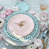 Set Vajilla Garden Bird con 4 Platos Trinches con Borde de Flores, y 4 Platos de Ensalada Pájaro Pink