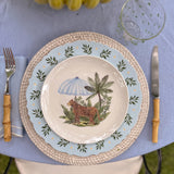 Set de Plato Trinche con Ondas y Hojas Olivo, y Plato Ensalada de Cheetah con Sombrilla Azul. Set para 4 personas