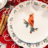 Set Completo de Vajilla Red Bird para 4 Personas con Platos Trinche con Ondas y Cerezas Navideñas, Platos de Ensalada con Cardenal y Platos de Pan con Guirnalda Verde