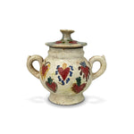 Azucarera artesanal mexicana de barro con tapa, pintado a mano con corazones de milagritos, marca Huakal