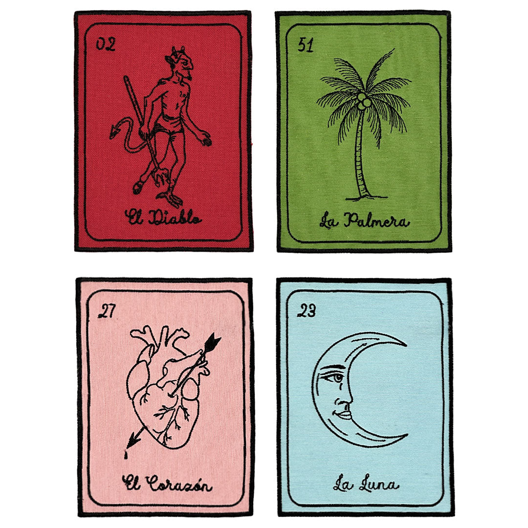 Set con 4 servilletas cocteleras de algodón con tema del juego de lotería mexicana, marca Zash