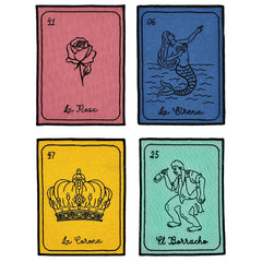 Cocteleras Lotería con Bordado Negro en Algodón de Colores. Set de 4. Vol. 2 Cocteleras Lotería con Bordado Negro en Algodón de Colores. Set de 4. Vol. 2