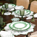 Set de Mantelería Identidad con Individuales, Servilletas y Coasters en Lino Blanco con Bordado en Verde . Set para 4 personas