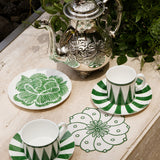 Coasters Identidad en Lino Blanco con Bordado de Biznaga, Paciflora y Dalia Verdes. Set de 4
