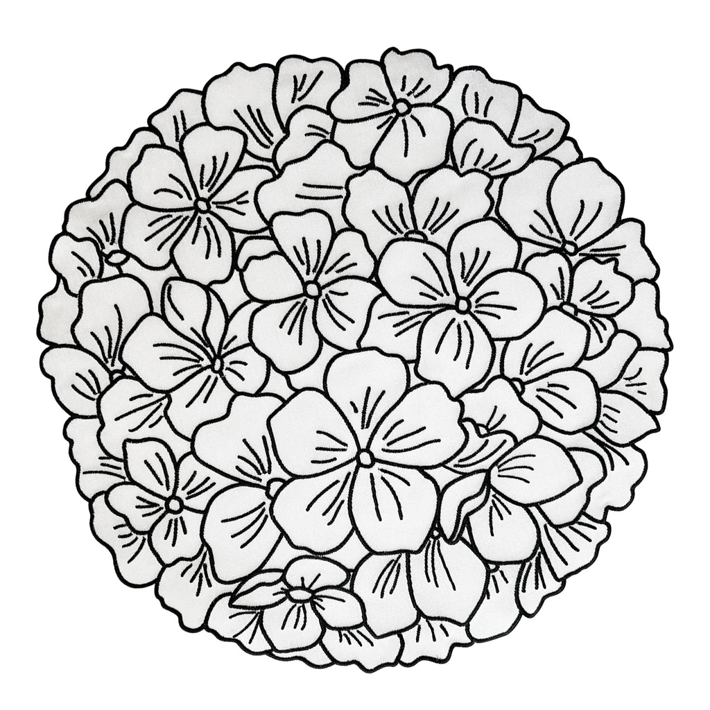 Mantel Individual de algodón blanco con orilla negra en forma de flor Hortensia, marca Zash