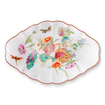 Platón ovalado grande de porcelana blanco con motivos de flora y fauna en colores, con orilla de oro, de la colección Paco Real de Vista Alegre