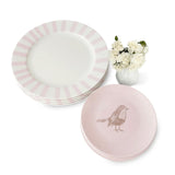 Set Vajilla Pink Bird con 4 Platos Trinches con Rayas Gruesas Rosa Claro y 4 Platos para Ensalada Rosa con Pájaro