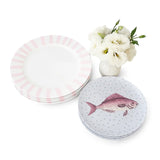 Set de Vajilla con Platos Trinche Candy Cane Rayas Rosas y Platos de Ensalada Puntitos y Pez. Set para 4 personas