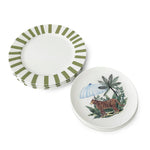 Set de vajilla de porcelana con platos trinche de rayas verdes y platos de ensalada con leopardo y sombrilla, marca Zash