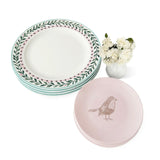 Set Vajilla Garden Bird con 4 Platos Trinches con Borde de Flores, y 4 Platos de Ensalada Pájaro Pink