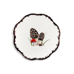 Plato de ensalada con ilustración de hongos morilla y borde café con ondas, marca Zash