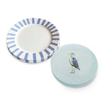 Set de vajilla de porcelana con platos trinche de ayas azules y platos de ensalada azul con una garza, marca Zash