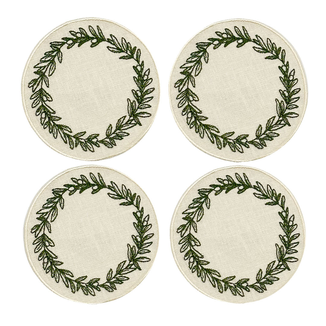 Coasters para vasos de lino arena con guirnalda verde bordada, marca Zash