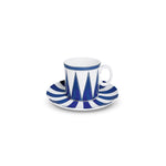 Taza de espresso de porcelana blanca con rayas azules, de la colección Identidad diseñada por Sofía Aspe Interiorismo para Zash