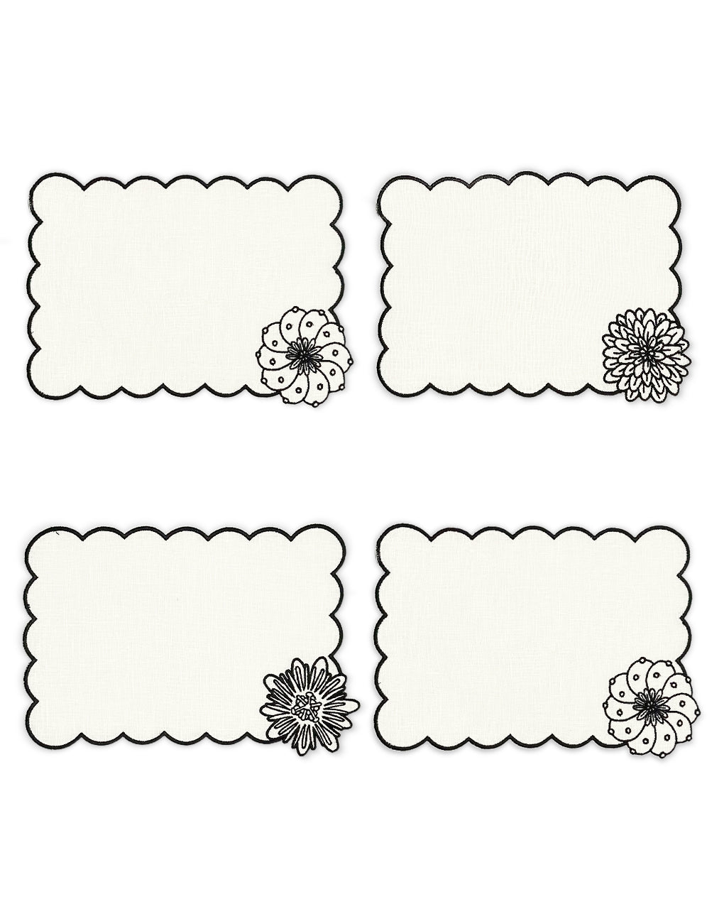 Set de 4 Cocteleras Identidad en Lino Blanco con bordado de Biznaga, Paciflora y Dalia Negras, diseñadas por Sofía Aspe Interiorismo para Zash
