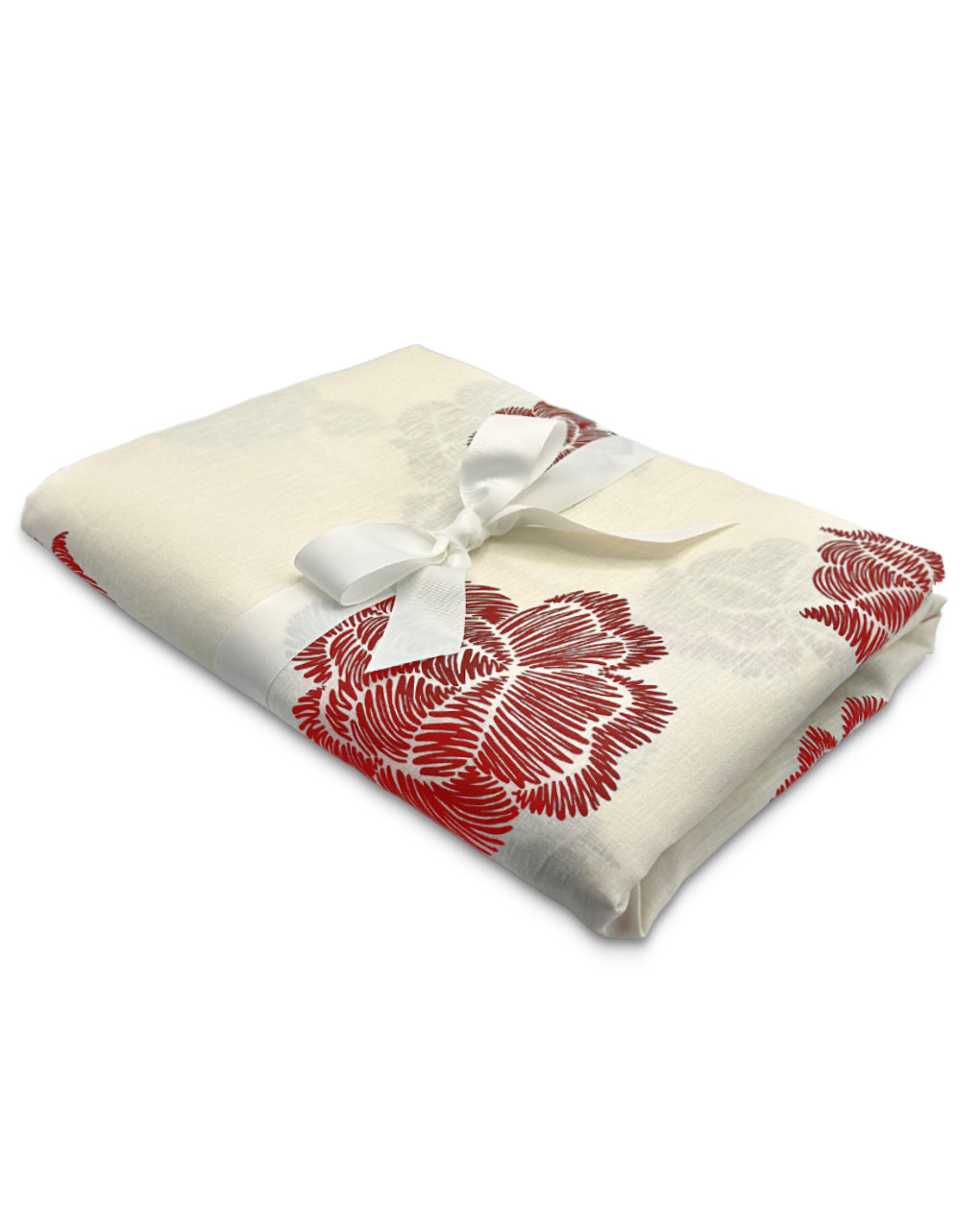 Mantel de Mesa Rectangular en Lino Blanco con Flores Rojas 5 x 2.7m, de la colección Identidad diseñada por Sofía Aspe Interiorismo para Zash