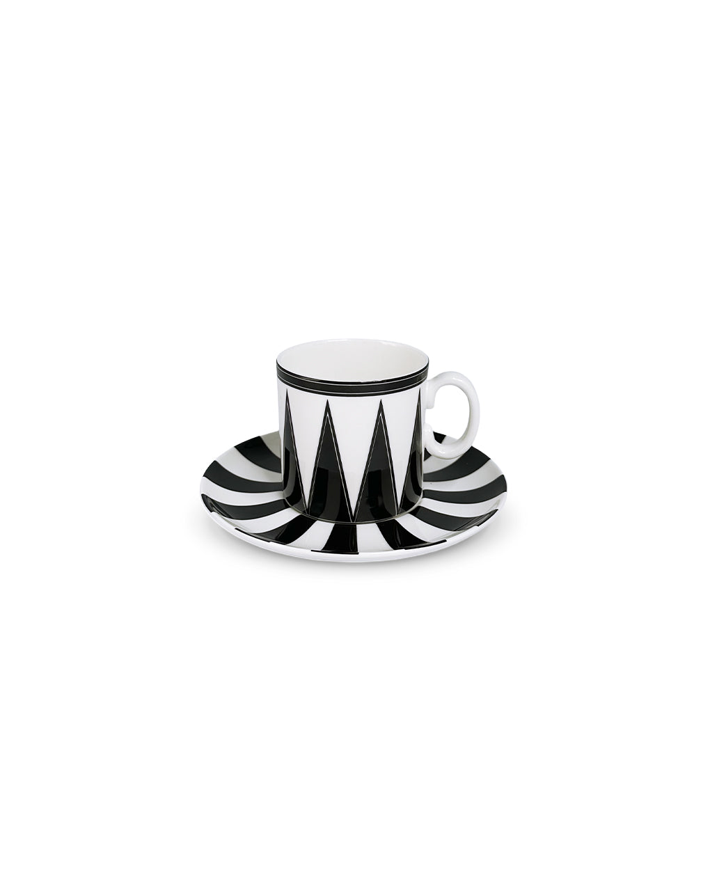 Taza de espresso con platito de porcelana blanco con rayas negras, diseñado por Sofía Aspe Interiorismo para Zash