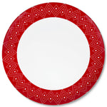 Bajoplato de porcelana blanco con borde en decoración geométrica en color rojo, de la colección Identidad diseñado por Sofía Aspe Interiorismo para Zash