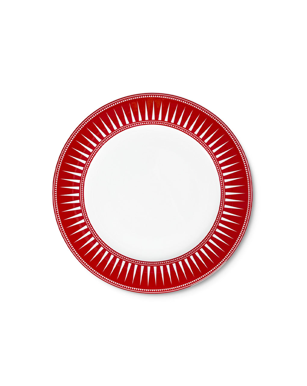 Plato de ensalada de porcelana blanco con borde rojo con rayos, colección Identidad diseñado por Sofía Aspe Interiorismo para Zash