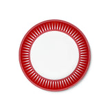 Plato de ensalada de porcelana blanco con borde rojo con rayos, colección Identidad diseñado por Sofía Aspe Interiorismo para Zash