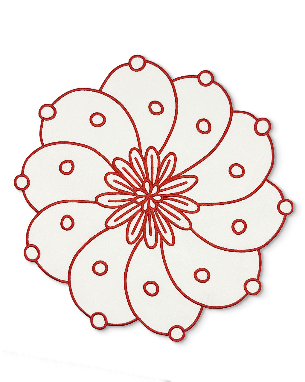Individual Identidad en Lino Blanco con Bordado de Biznaga en en Rojo, diseñado por Sofia Aspe Interiorismo para Zash