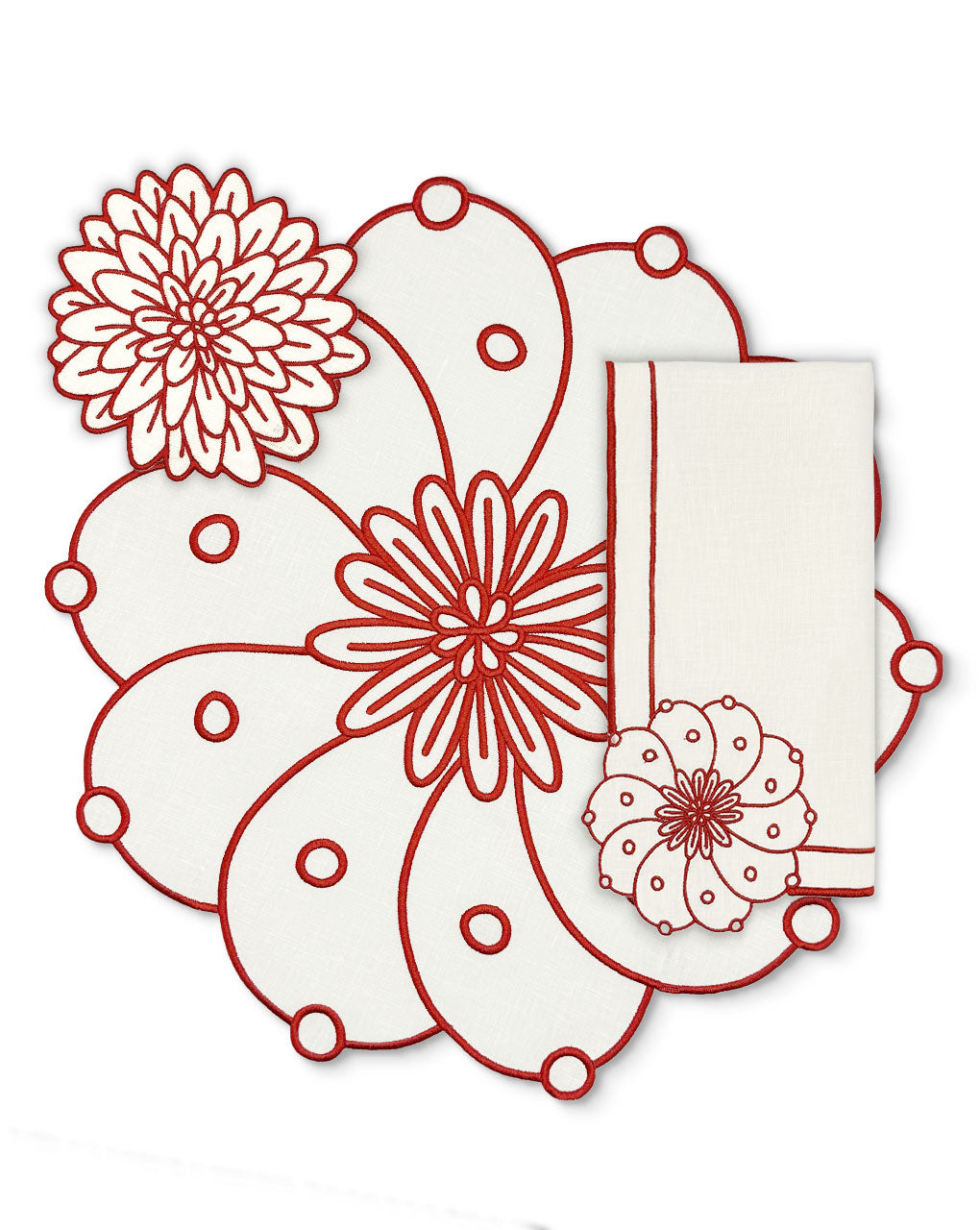 Set de Mantelería Identidad con Individuales, Servilletas y Coasters en Lino Blanco con Bordado en Rojo, diseñado por Sofía Aspe Interiorismo para Zash