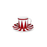 Taza de espresso de porcelana blanca con rayas rojas, de la colección Identidad diseñada por Sofía Aspe Interiorismo para Zash