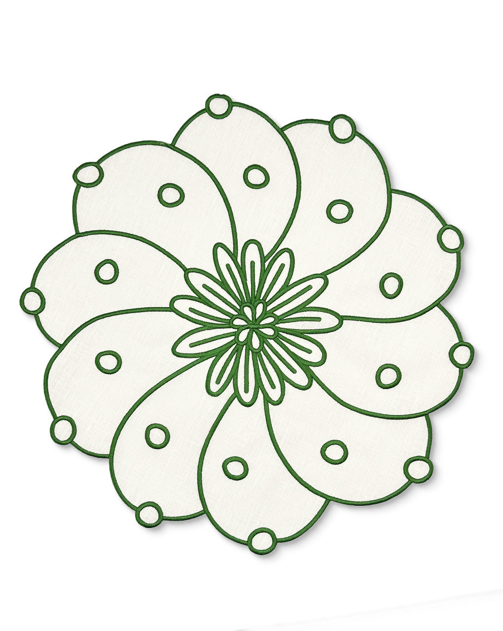 Individual Identidad en Lino Blanco con Bordado de Biznaga en Verde, diseñado por Sofía Aspe Interiorismo para Zash