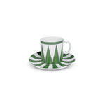 Taza de espresso de porcelana blanco con rayas verdes, de la colección Identidad diseñada por Sofía Aspe Interiorismo para Zash