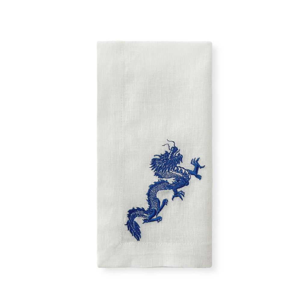 Servilleta de lino blanco con bordado de dragón azul, marca Zash