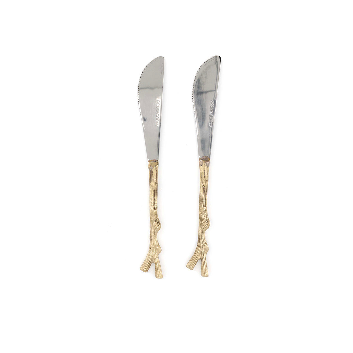Set de cuhillos para mantequilla o quesos con mango de bronce con forma de ramitas, marca Zash