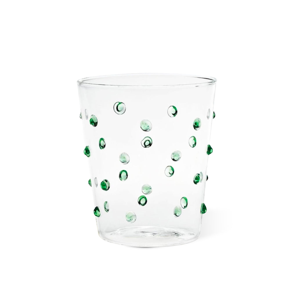 Vaso tumbler de vidrio Pippa con puntitos color verde, marca Zash