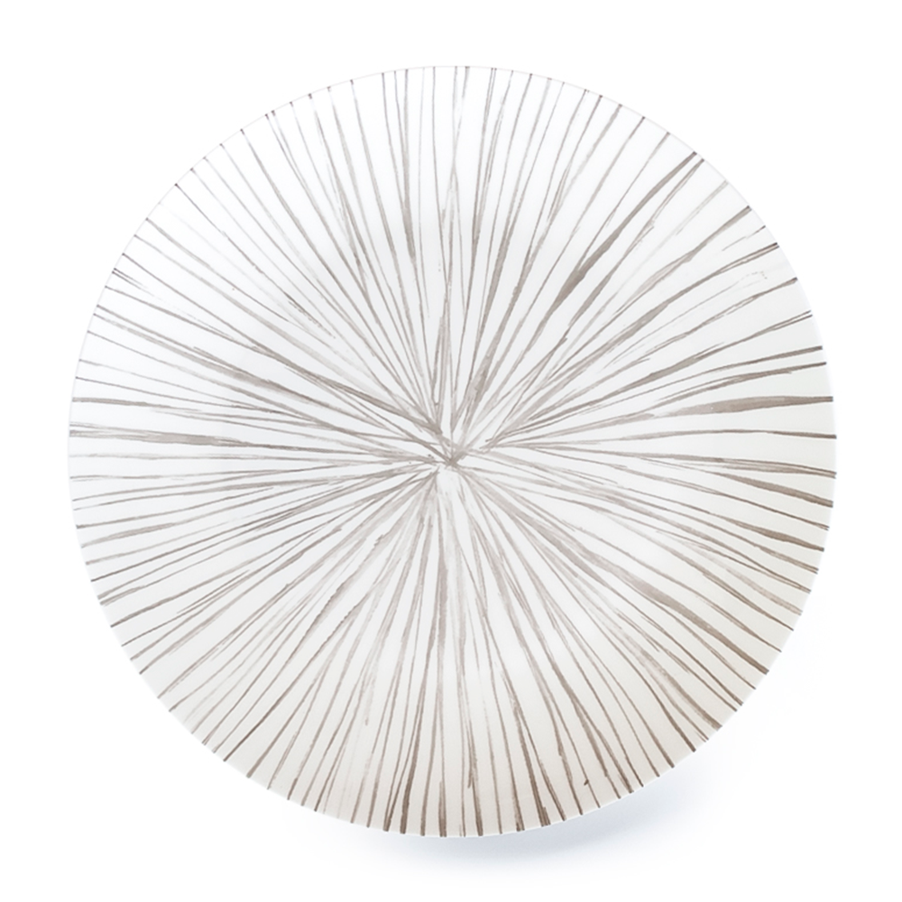 Plato grande trinche de porcelana marca Zash, blanco con rayas grises