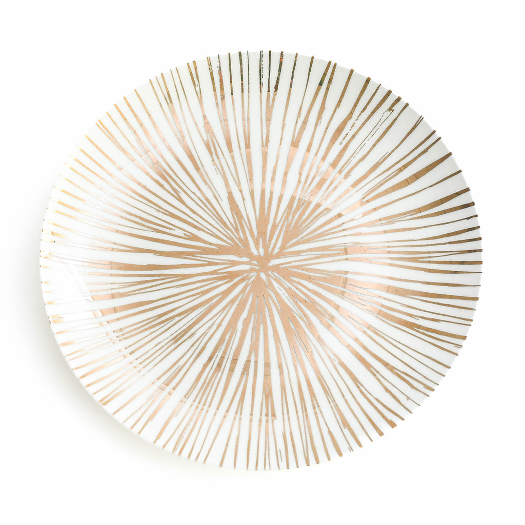 Plato grande trinche de porcelana marca Zash, blanco con rayas doradas oro 24k