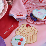 Cocteleras en Lino Violeta y Mantequilla con Bordado de Cupcake y Helado. Set de 4
