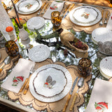 HONGO HARVEST ZASHPACK: Plato para Ensalada con Morilla y Borde de Ondas y Servilleta en Lino Color Crudo con Bordado de Hongos. Set para 4 personas