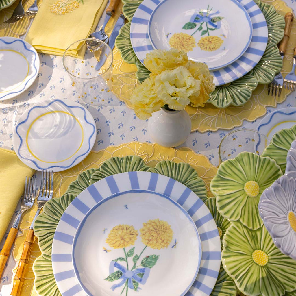 Plato Base de Margaritas juntas en Verde y Amarillo. Set de 4