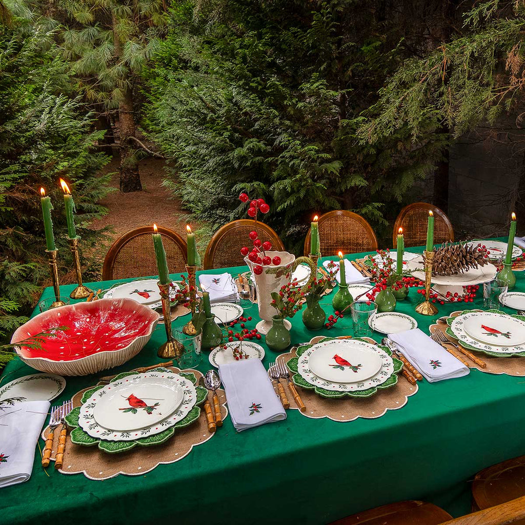 Set Completo de Vajilla Red Bird para 4 Personas con Platos Trinche con Ondas y Cerezas Navideñas, Platos de Ensalada con Cardenal y Platos de Pan con Guirnalda Verde