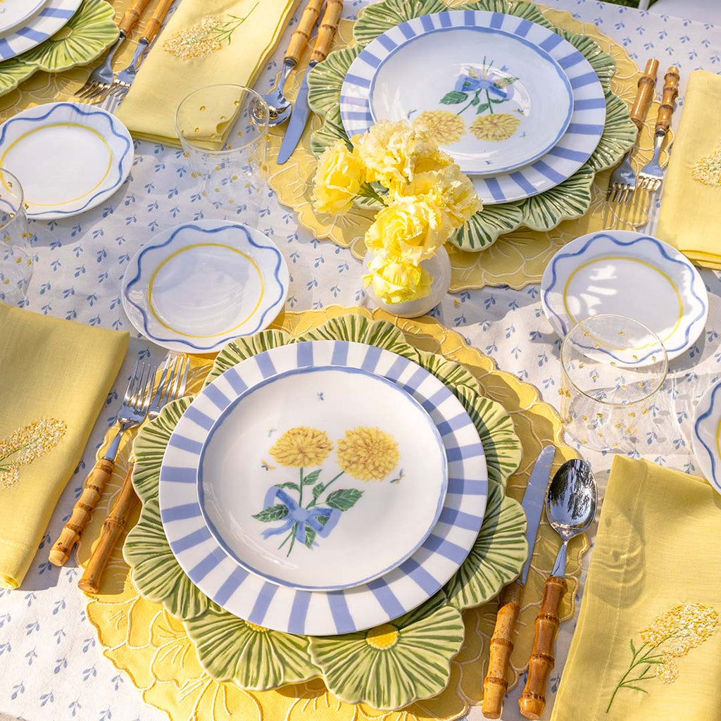 Plato Base de Margaritas juntas en Verde y Amarillo. Set de 4