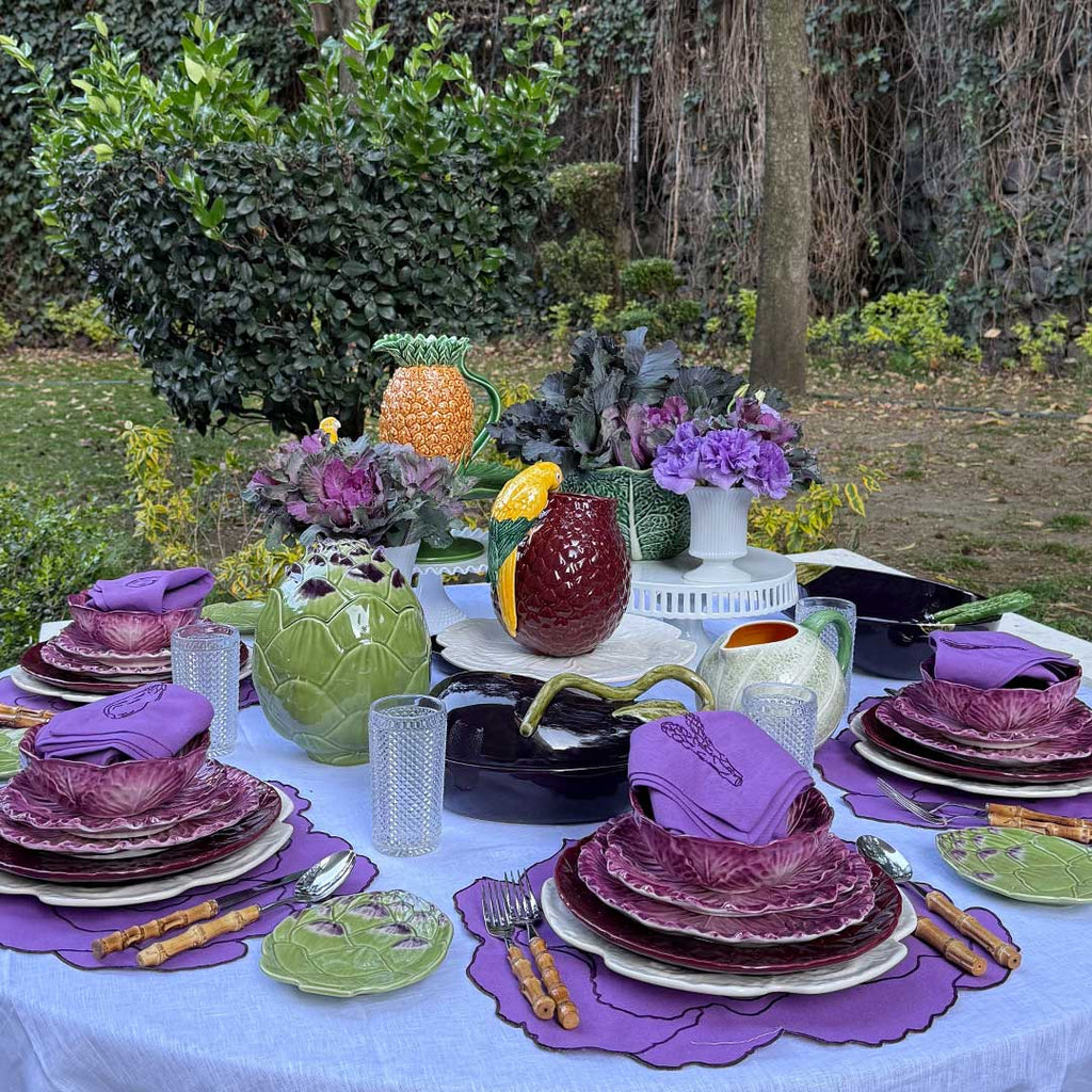 Set Completo de Vajilla con Platos Trinche, Platos para Ensalada y Bowls de Hoja de Repollo Morado. Para 4 personas