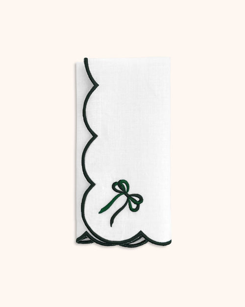 Servilleta Daisy en Lino Blanco con Moño Verde. Colección Navidad. Set de 4